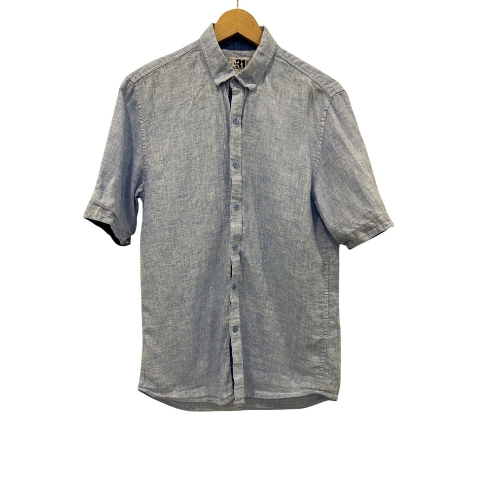 Le 31 Simons Premium Linen Shirt Men's Small Blue Short Sleeve Button Up